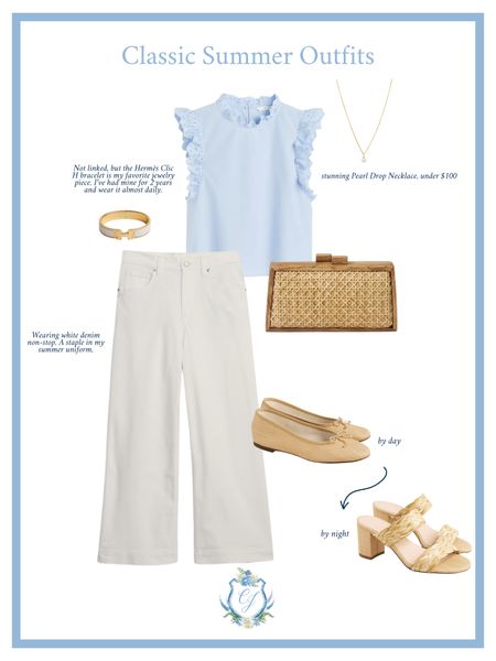 Classic Summer Outfit Inspo. 🌊 Absolutely love these rattan ballet flats and this ruffle sleeve blouse. 

Coastal Style, Preppu Style, Rattan Purse, White Wide Leg Jeans, Hermes Bracelet, Rattan Ballet Flats, Wicker Heels, Block Heels, Blue and White OOTD, Coastal Grandmother Style, Coastal Granddaughter Style, Pearl Necklace. 

#LTKstyletip #LTKsalealert