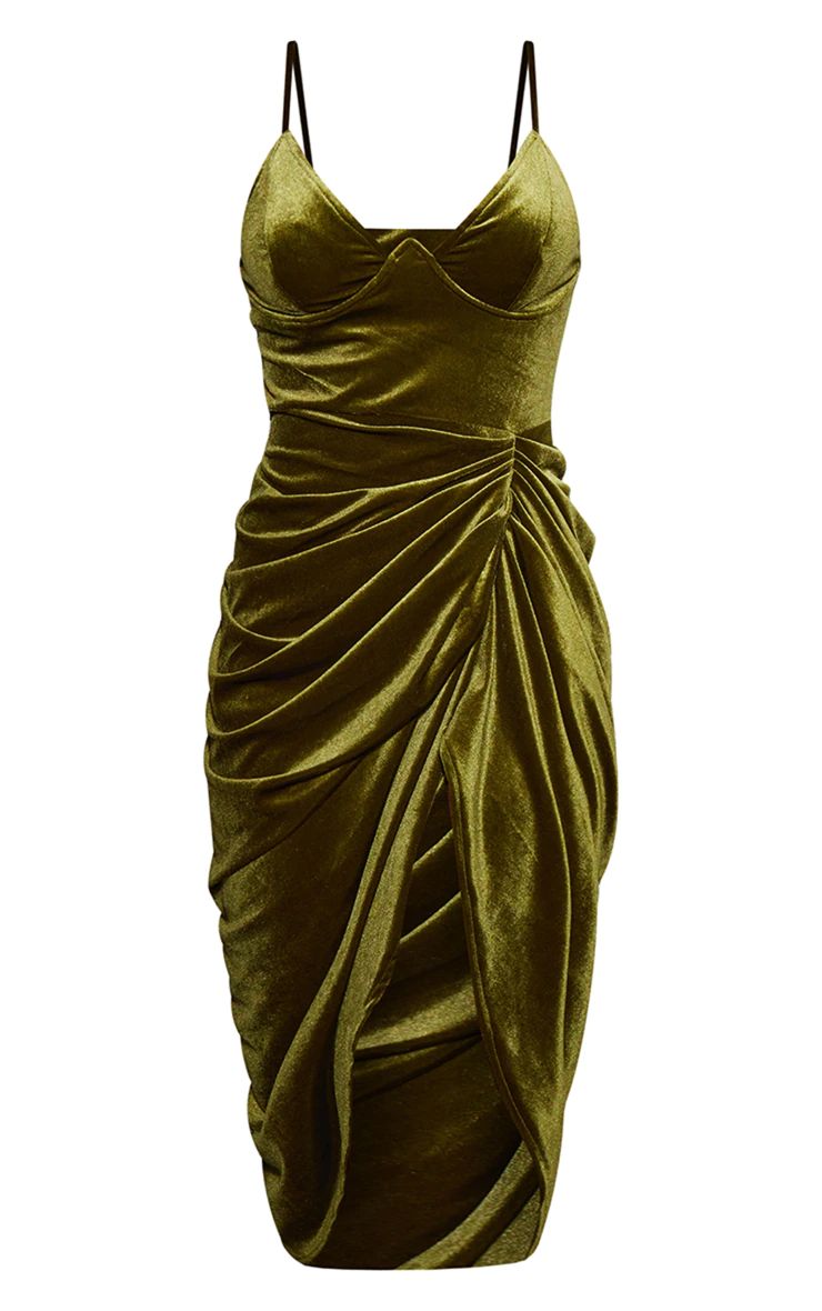 Olive Velvet Underwired Strappy Draped Midi Dress | PrettyLittleThing US