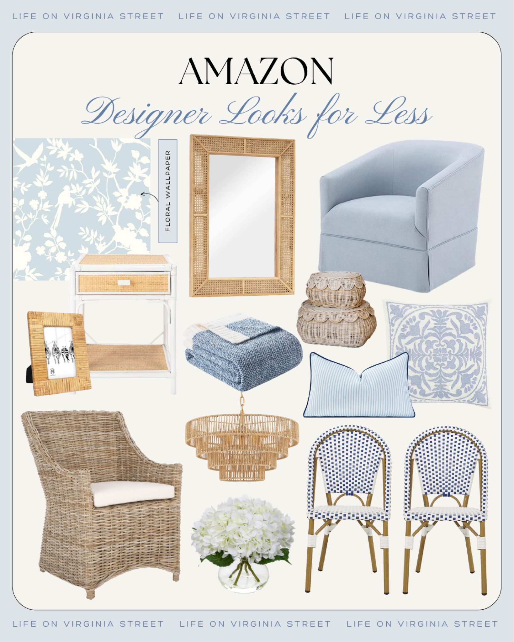 Loving these cute coastal designer looks for less from Amazon! Includes a pretty floral wallpaper, woven armchair, cane mirror, bistro chairs, rope chandelier, light blue swivel armchair, hydrangea floral arrangement, rattan nightstand, throw pillows, rattan picture frames and more!
.
#ltkhome #ltksalealert #ltkstyletip #ltkseasonal #ltkfindsunder50 #ltkfindsunder100

#LTKSummerSales #LTKSeasonal #LTKHome