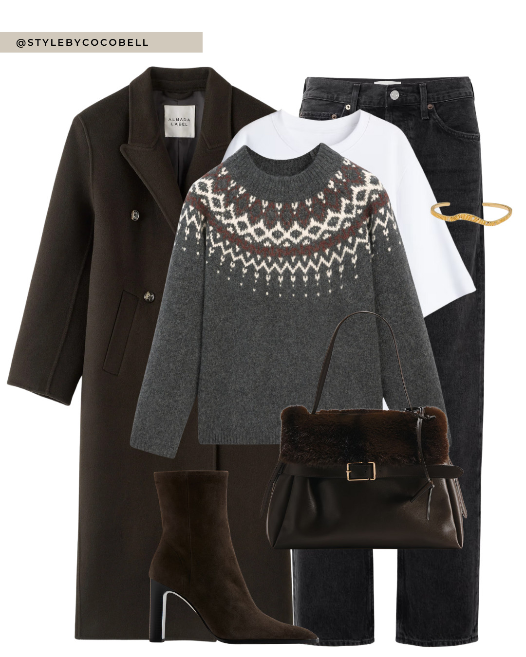 Cozy winter look built around a classic fair isle sweater layered over a white tee with washed black jeans. Styled with a deep brown wool coat, suede heeled boots and a fur trimmed top handle bag for texture. An easy everyday outfit that still feels polished for coffee dates, city walks or casual holiday plans.

Keywords: winter outfit, fair isle sweater, wool coat, black jeans, brown boots, suede boots, fur bag, casual winter look, everyday style, neutral outfit, cold weather style. 

 #LTKwinter