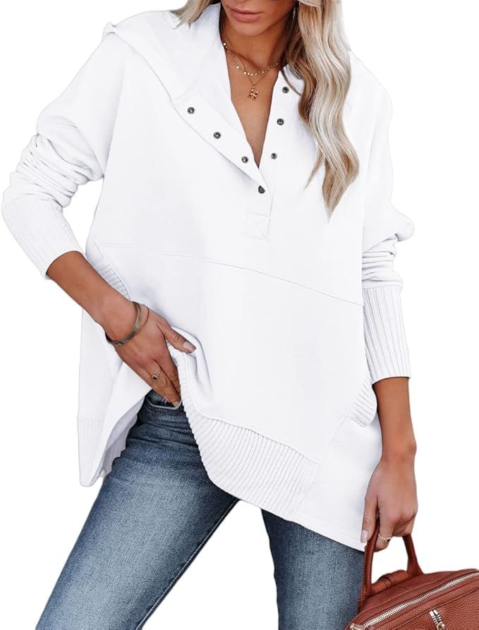 Zwurew Women Casual Henley Hoodie Pullover V Neck Oversize Sweatshirt with Pocket | Amazon (US)