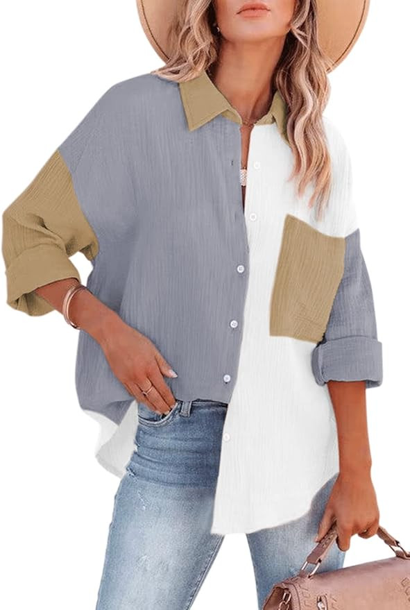 KOJOOIN Womens Colorblock Button Down Shirts Jacket Casual Long Sleeve Oversized Tunic Blouses | Amazon (US)