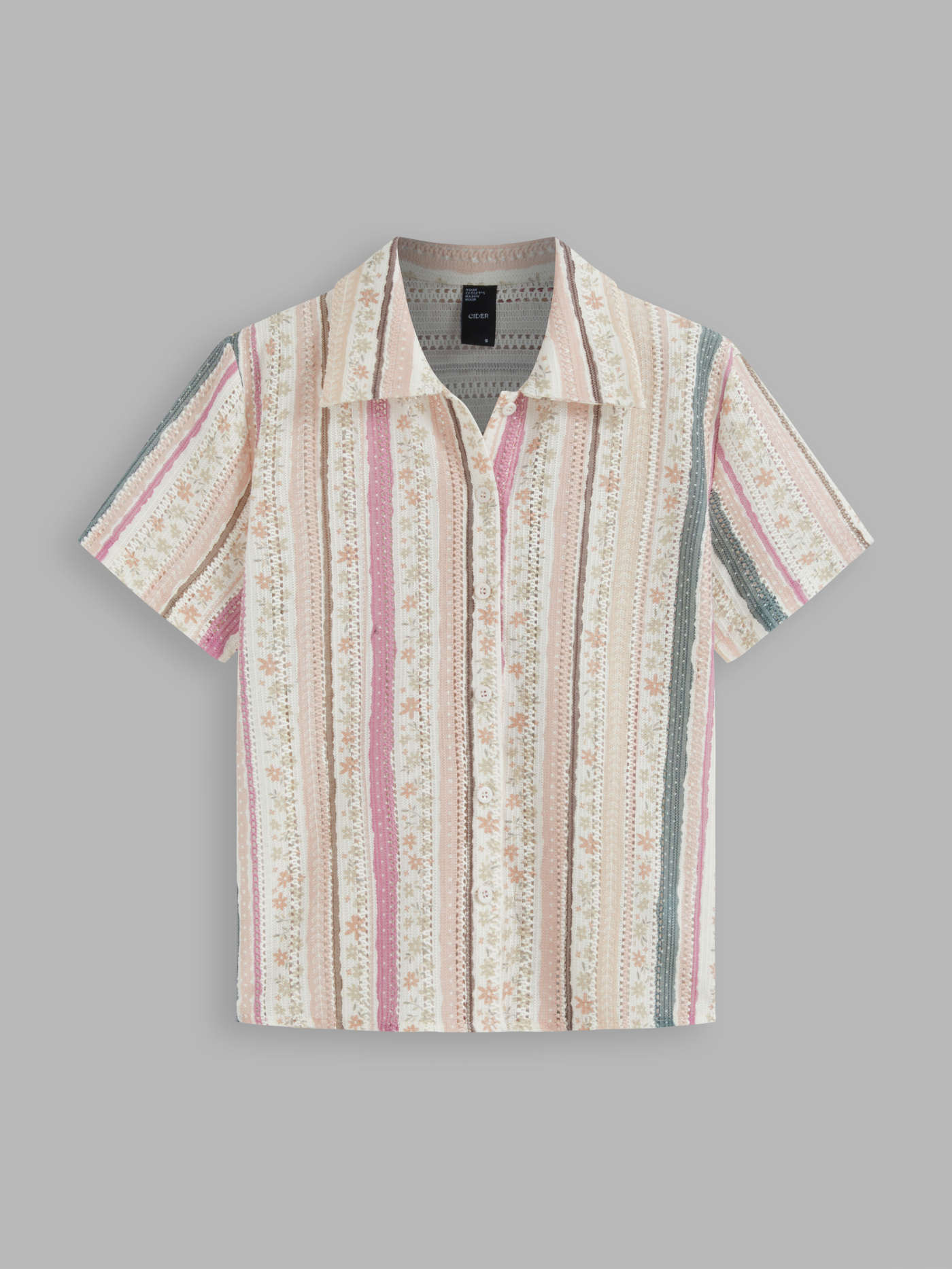 Collar Floral Striped Button Short Sleeve Oversized Shirt | Cider