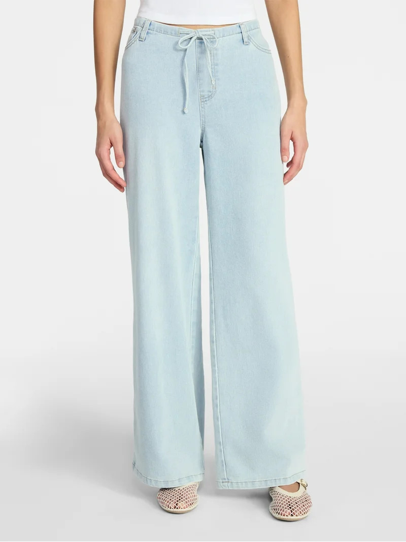 No Boundaries Mini Waistband Wide Leg Pants, 31'' Inseam, Women's Sizes XXS-XXL | Walmart (US)