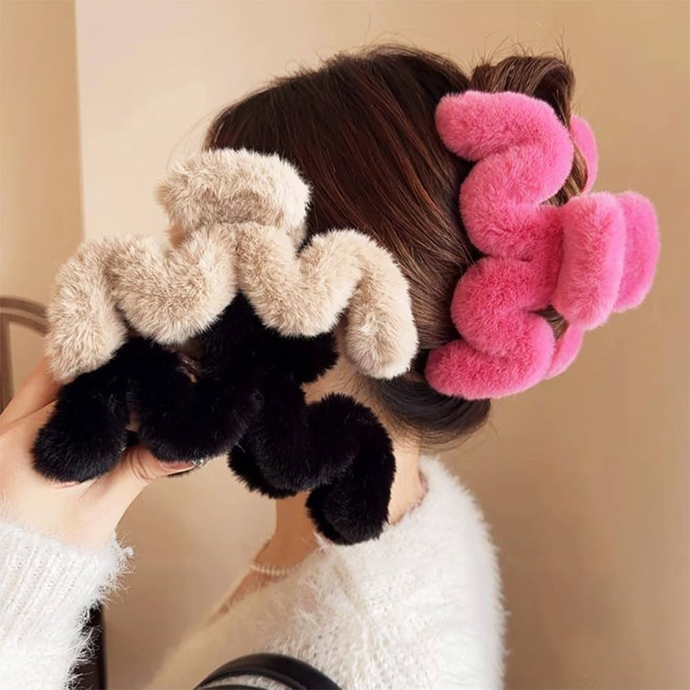 3Pcs Fuzzy Hair Clips Fluffy Claw Clip Winter Plush Hair Clip Wave Claw Clips M-Shaped Large Hair... | Amazon (US)