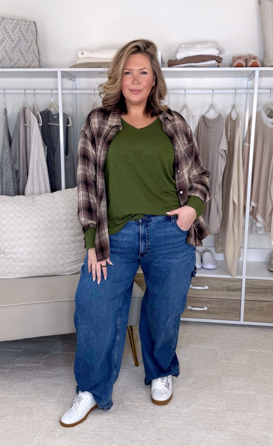 Wearing a 20W in the carpenter jeans, 3X in the plaid top and 2X in the green top! Size up in both!

Plus size fashion, Walmart fashion, affordable fashion, winter outfit ideas, winter layers, midsize fashion, midsize fashion, ootd, mom style

#LTKMidsize #LTKOver40 #LTKPlusSize