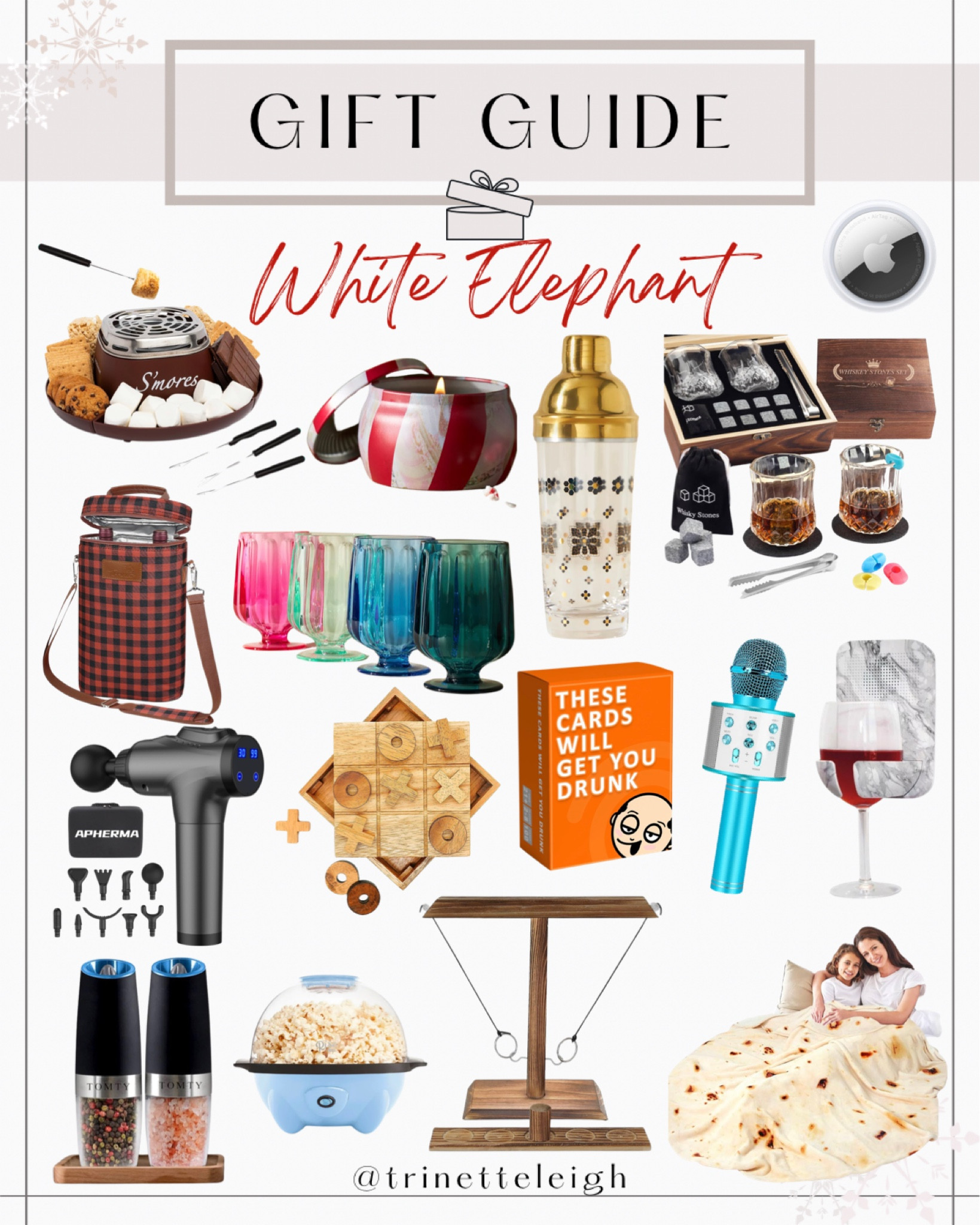 Gift Guide for White Elephant. Gift exchange ideas. $40 and under gifts. Budget friendly gifts for the holidays. S’mores maker. Candycane candle. Holiday cocktail shaker. Whiskey set. Checkered wine holder. Assorted wine glasses. Karaoke microphone. Wine glass and Bluetooth speaker for shower. Drinking game for adults. One in tic-tac-toe game. Massage gun. Automatic salt and pepper shaker. Electronic popcorn maker. Wooden ring game. Tortilla blanket. Apple AirTag.

#LTKfindsunder50 #LTKHoliday #LTKGiftGuide