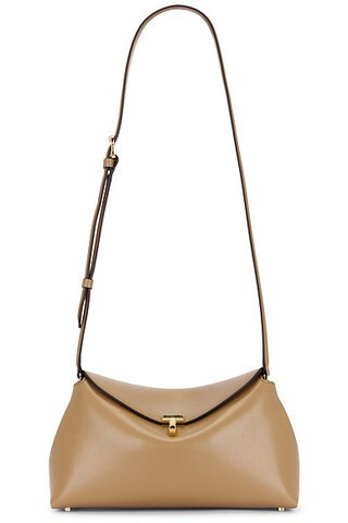 Toteme T-Lock Leather Clutch in Camel - Tan. Size all. | FWRD 