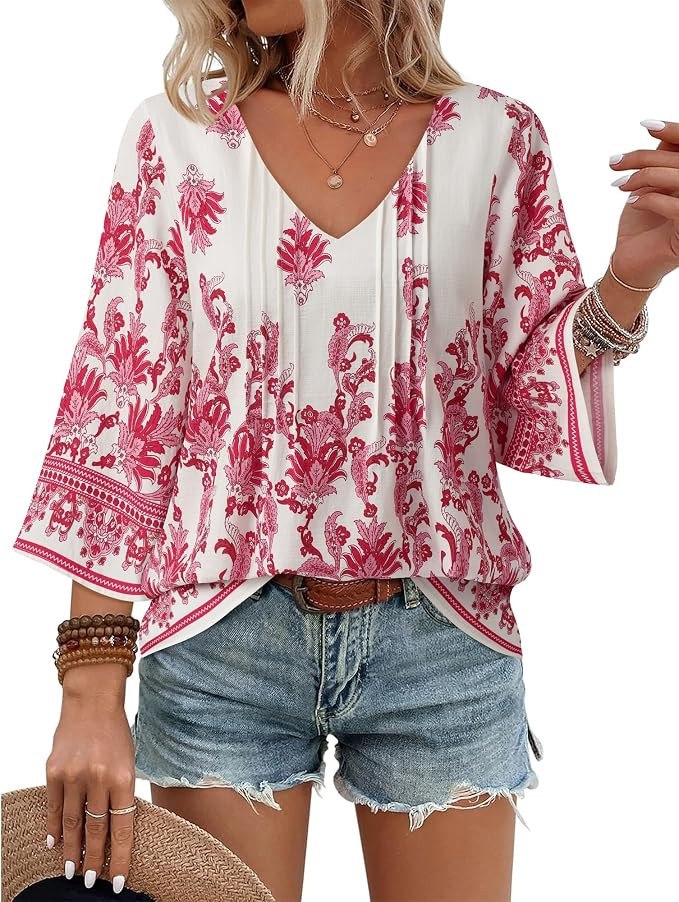 Youtalia Womens V Neck 3/4 Sleeve Bohemian Casual Blouses Loose Fit Tunic Tops Shirt Boho Floral ... | Amazon (US)