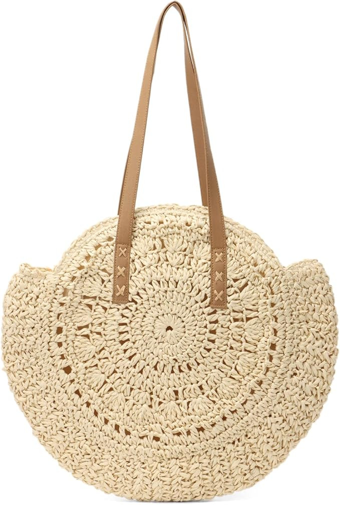 Women Straw Bag Round Handwoven Summer Beach Tote Bag Natural Chic Vacation Shoulder bag | Amazon (US)