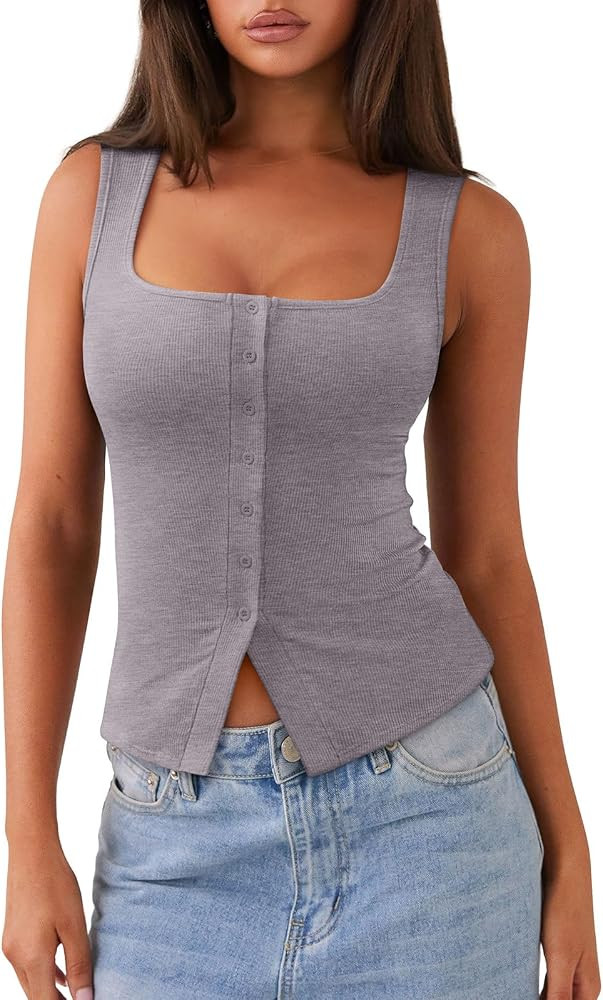 REORIA Women's Sexy Ribbed Button Down Square Neck Tank Tops Trendy Y2K 2026 Summer Sleeveless Go... | Amazon (US)