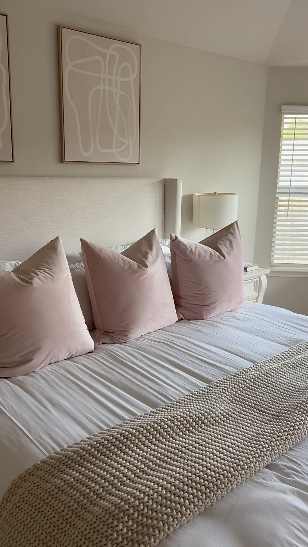 My bedding details 🤍 randomly pieced together over the years! My pink accents in my bedroom are literally my favorite part of my whole house !

Beige upholstered king headboard and bed frame from Wayfair, Light pink velvet pillowcases with feather filled throw pillows, super soft white duvet from pottery barn, chunky knit throw blanket by Casaluna from Target, SHEEX jersey sheets - the softest sheets ever and cooling feel!! 

#LTKSaleAlert #LTKFindsUnder50 #LTKHome