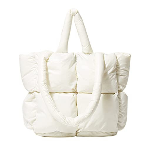 OWGSEE Puffer Tote Bag Soft Puffy Purses for Women Winter Light Down Cotton Padded Quilted Puff Shoulder Handbags (White) | Amazon (US)