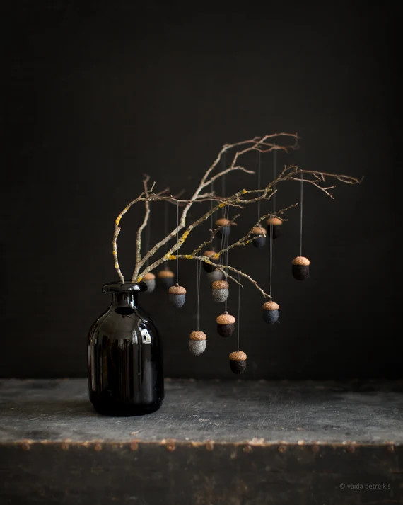 Neutral color fall decor - Dark Gothic Christmas ornaments - Set of 3 felted acorns for magic for... | Etsy (US)