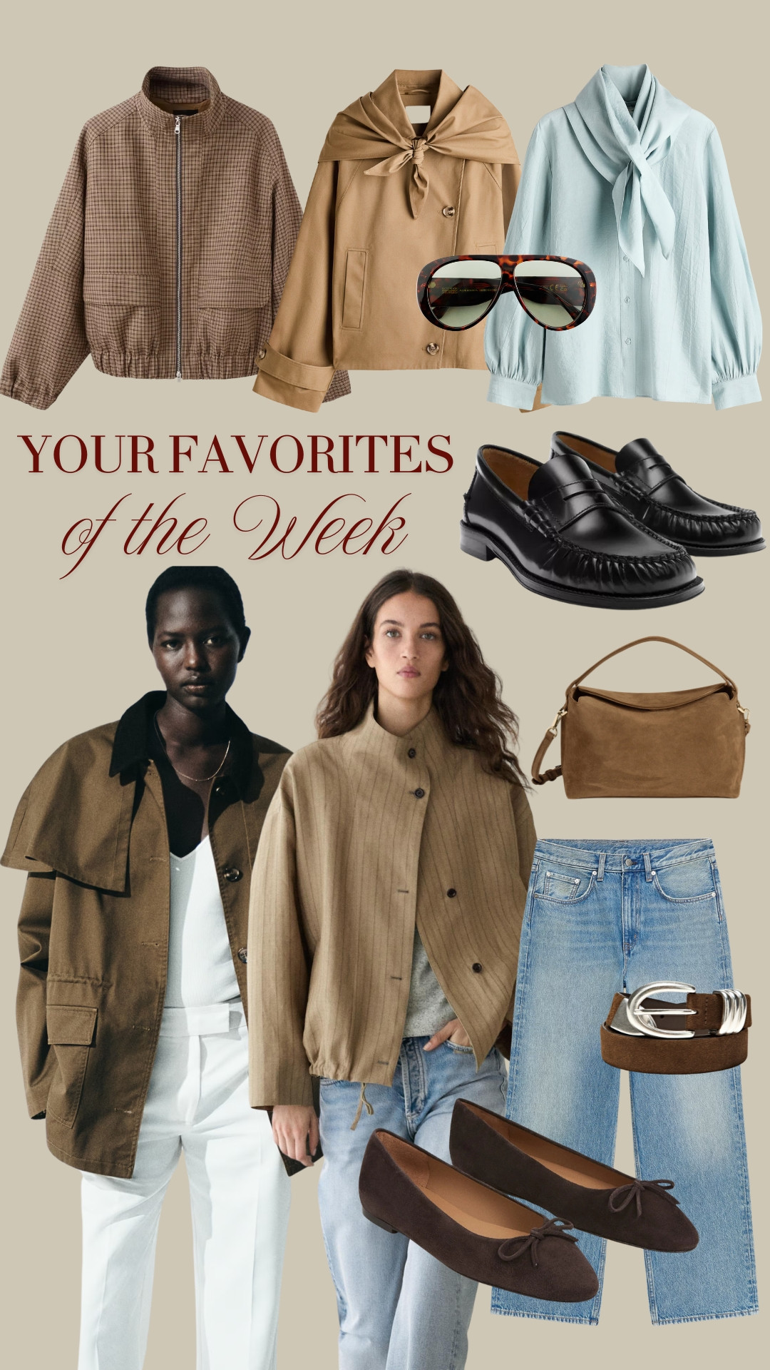 BESTSELLERS OF THE WEEK ✨ Your most loved pieces of the week ✨ TAGS: viral Mango jacket, khaki jacket, khaki cape jacket, blue scarf blouse, blue wide leg jeans, coral jeans Arketbrown leather ballet flats, leather black loafers, brown sunglasses, brown suede leather bag Flattered, scarf cropped trench beige, linen funnel neck jacket, suede leather belt Massimo Dutti

 

 #LTKspring #LTKjeans #LTKshoes