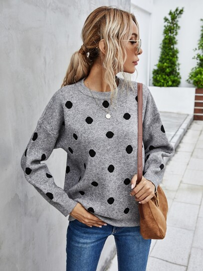 Polka Dot Drop Shoulder Sweater | SHEIN