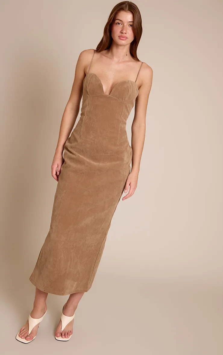 Tan Faux Suede Bodycon Maxi Dress | PrettyLittleThing USA | PrettyLittleThing US