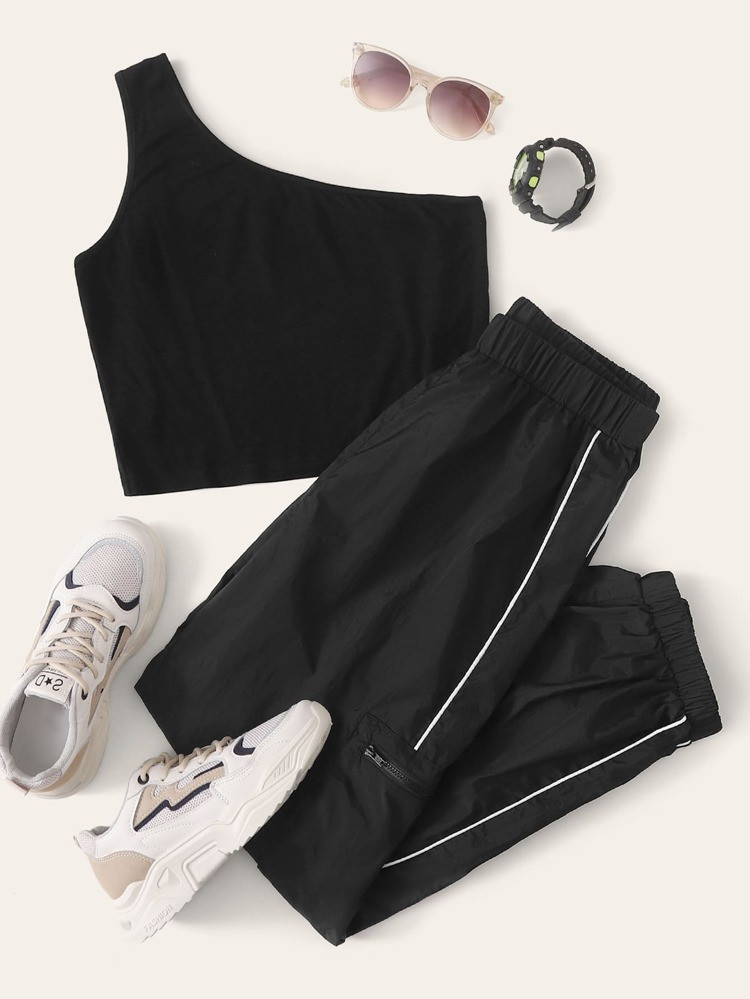 SHEIN One Shoulder Top and Contrast Tipping Wind Pants Set | SHEIN