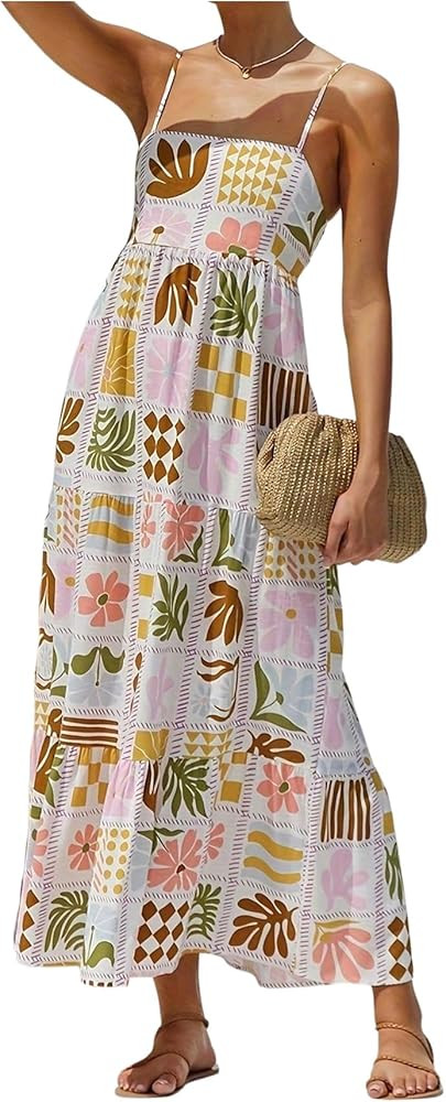 Floerns Women's Summer Boho Spaghetti Strap Maxi Dresses Shirred Beach Dress Flowy Sundress | Amazon (US)