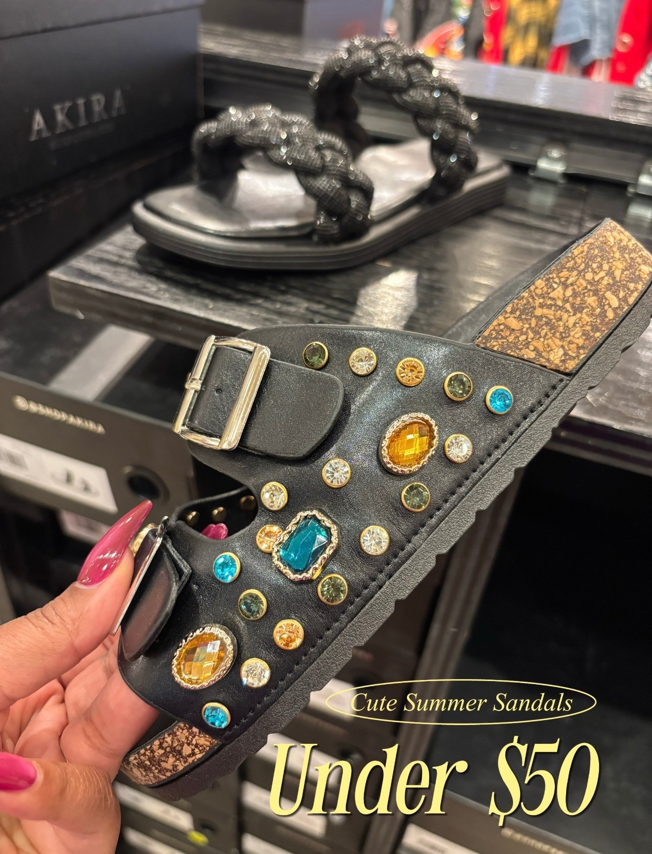 Okay wait! These cute summer sandals from Akira are actually SO fun in person.

I love finding statement shoes that instantly make a simple outfit feel more styled without having to do too much, and these definitely do that. The jeweled details, the different colors, and the comfort? So good.

Perfect for:
• vacation outfits
• brunch
• beach walks
• everyday summer outfits
• girls trips
• casual date nights

And the best part? They’re under $50 and come in multiple colors.

If you’ve been searching for cute summer sandals, trendy summer shoes, comfortable statement sandals, or affordable summer fashion finds, these are definitely worth looking at and buying!

#LTKTravel #LTKSwim #LTKootd