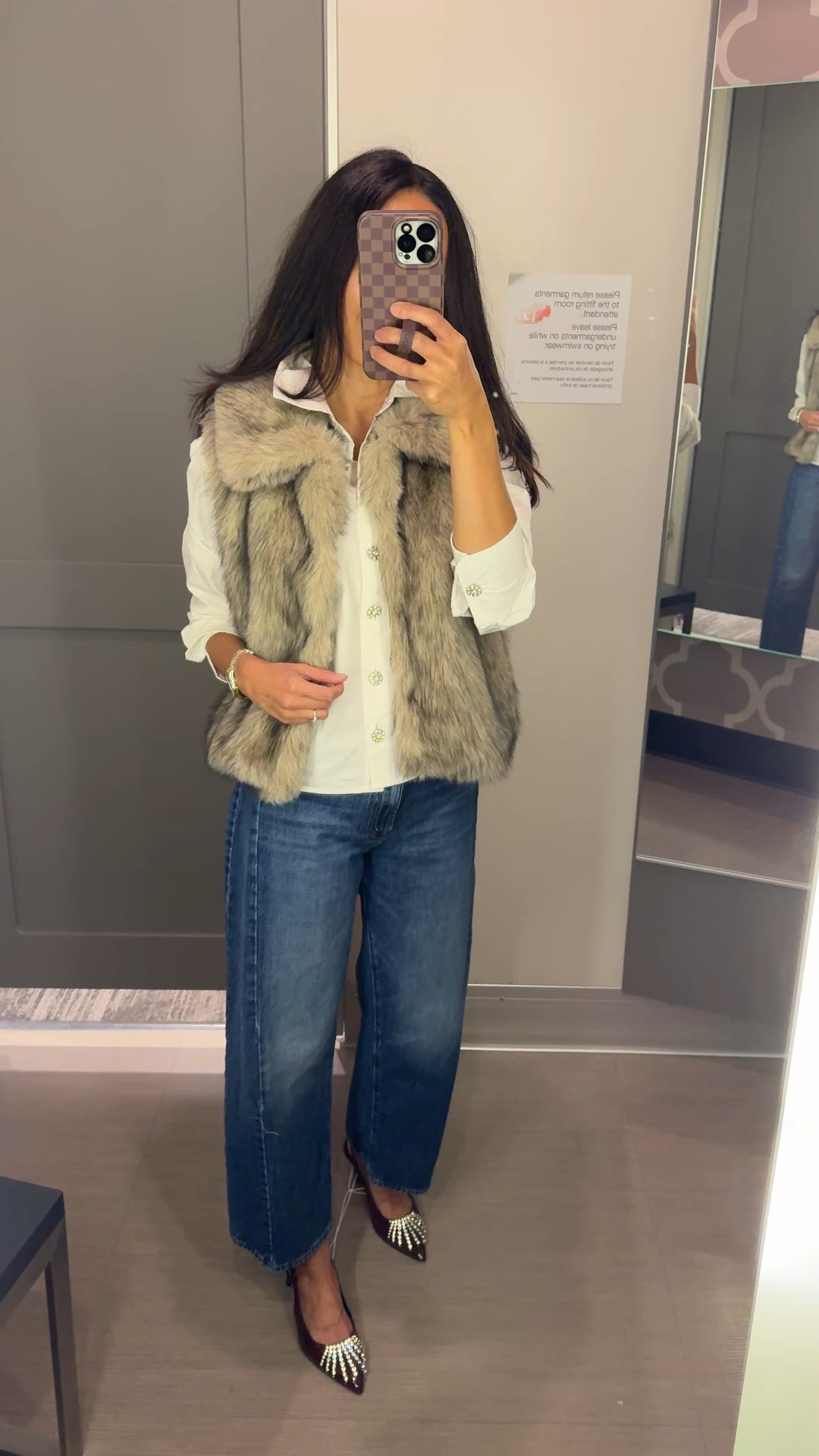 Casual holiday outfit with jeans. 
Take your favorite darker denim jeans, pair with an embellished top, add a festive textured layer. Dress up with eye-catching shoes. 
If you are shopping:
- White button down with beautiful rhinestone buttons. True to size. 
- Faux fur vest. I would need true to size. (This is a size too big.)
- Slingback heels with gorgeous rhinestone details. True to size; if in between size down. 
- Barrel jeans. 


#LTKOver40 #LTKHoliday #LTKFindsUnder50