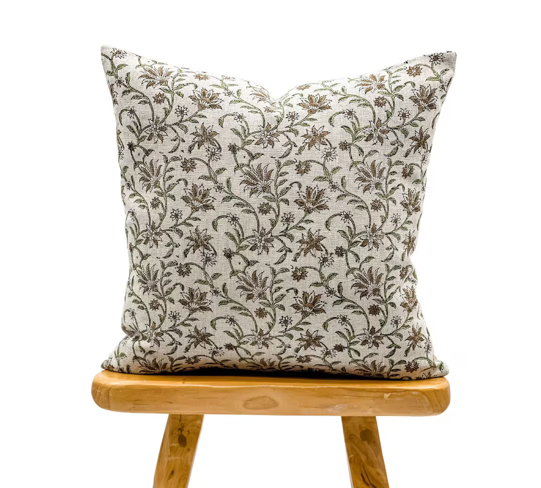 Designer Floral Olive Green and Earthy Brown on Natural Linen Pillow Cover, Green Pillow Cover, D... | Etsy (US)