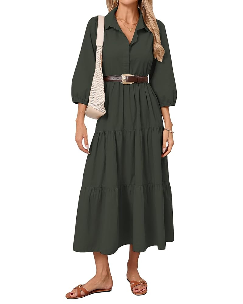 Women Button Down Maxi Shirt Dress Long Sleeve Flowy Tiered Collared Dresses with Pockets | Amazon (US)