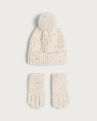 F&F Girls 3-Piece Knitted Faux Pearl Beanie, Gloves and Snood Set in Neutral | Tesco F&F