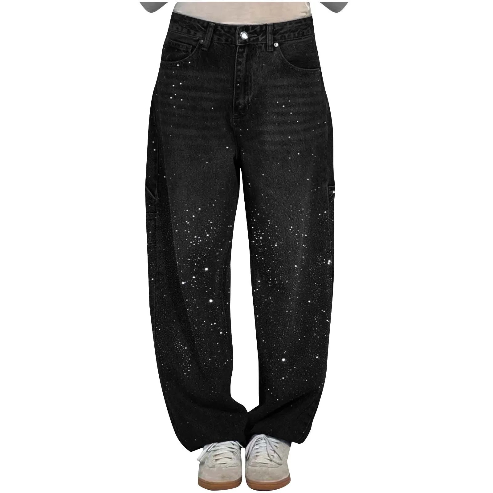 Generic Womens Rhinestone Rhinestone Jeans Baggy Wide Leg Pants High Waisted Washed Distressed St... | Walmart (US)