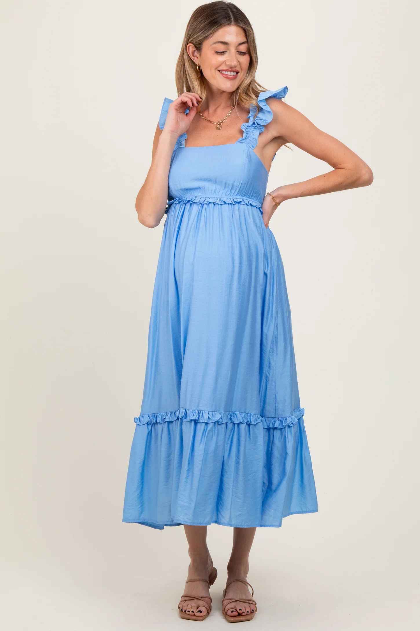 Blue Ruffle Strap Square Neck Maternity Midi Dress | PinkBlush Maternity