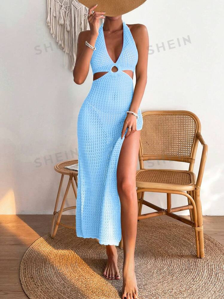 SHEIN Swim Basics Women's Halter Neck Tie Up Long Cover-Up Dress With Waist Cut-Out And Side Slit... | SHEIN