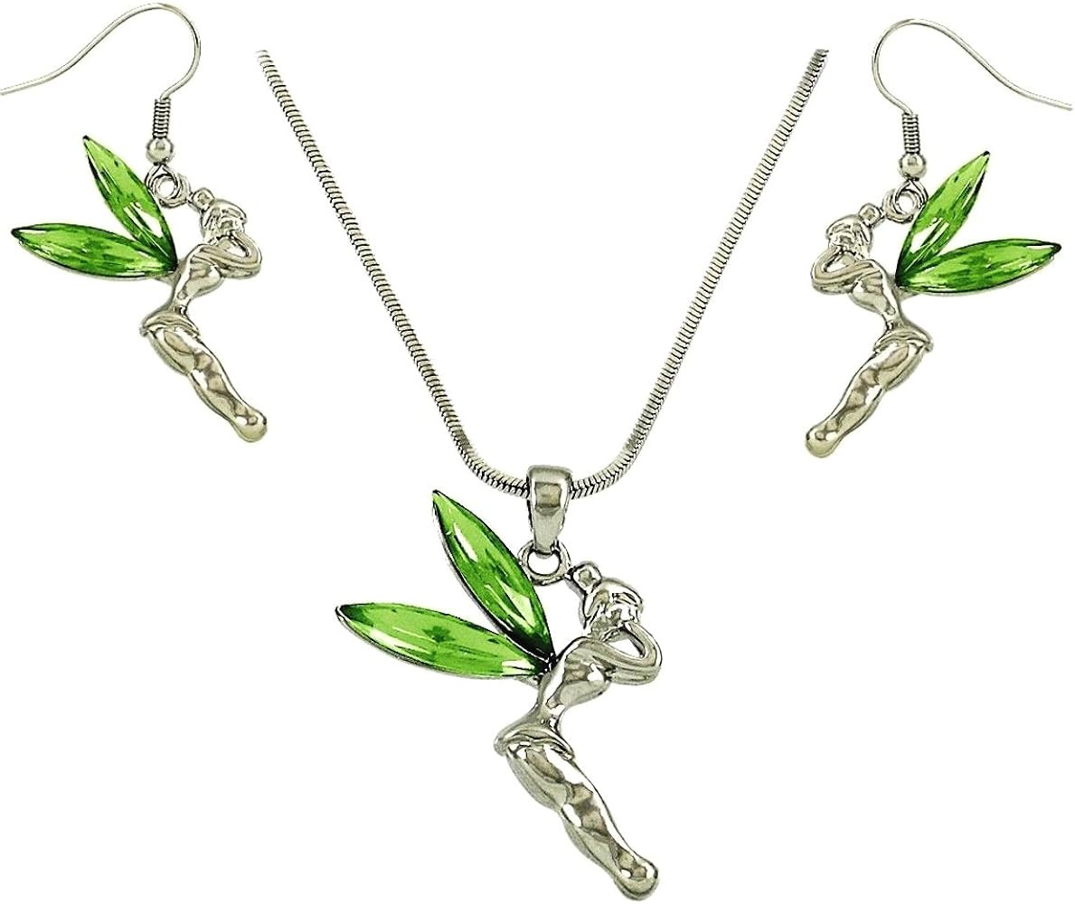 DianaL Boutique Fairy Tinkerbell Pendant Necklace and Earrings Set Green Crystal Tinker Bell Gift... | Amazon (US)