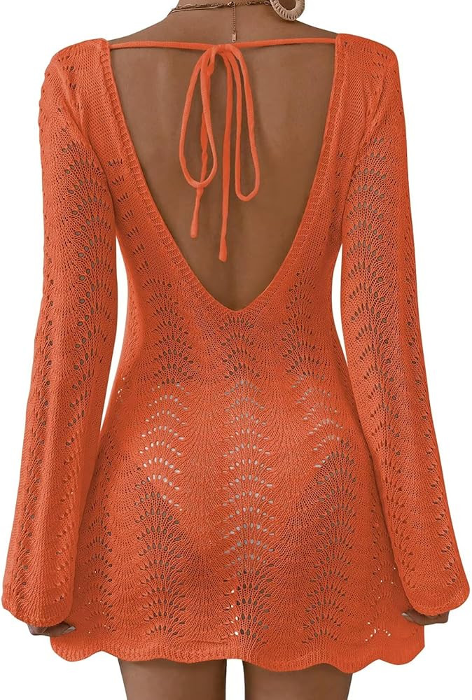 Womens Swimsuit Cover Up Long Sleeve Crochet Bathing Suit Mesh Backless Cover Ups Summer Beach Va... | Amazon (US)