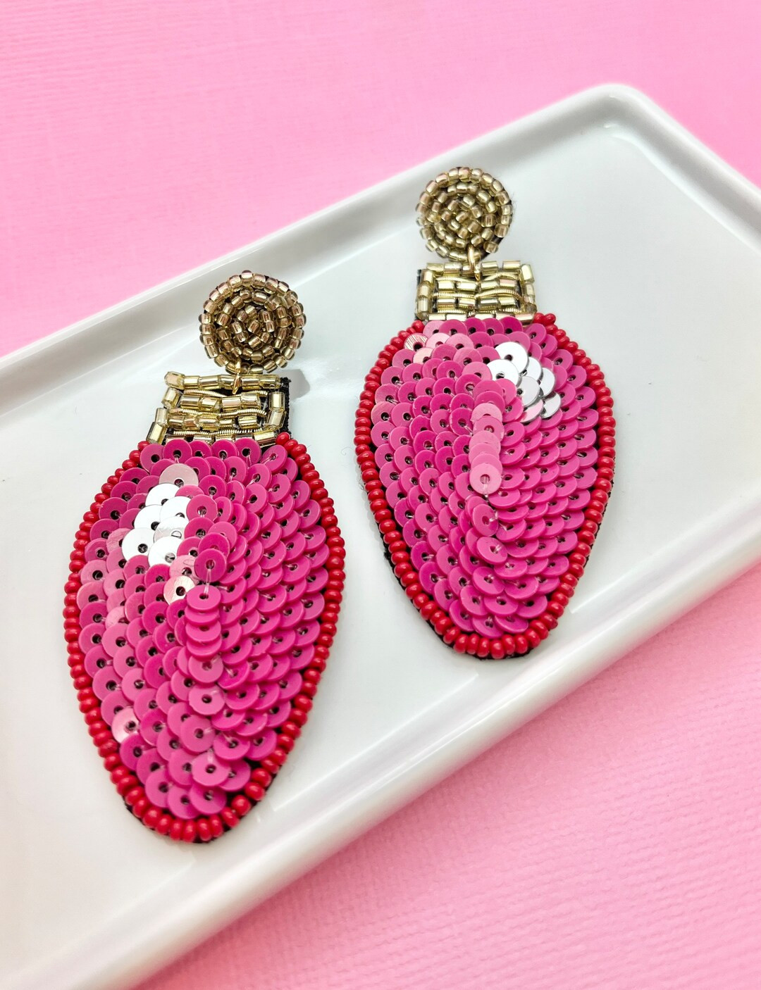 Pink Vintage Bulb Beaded and Sequin Christmas Earrings - Etsy | Etsy (US)