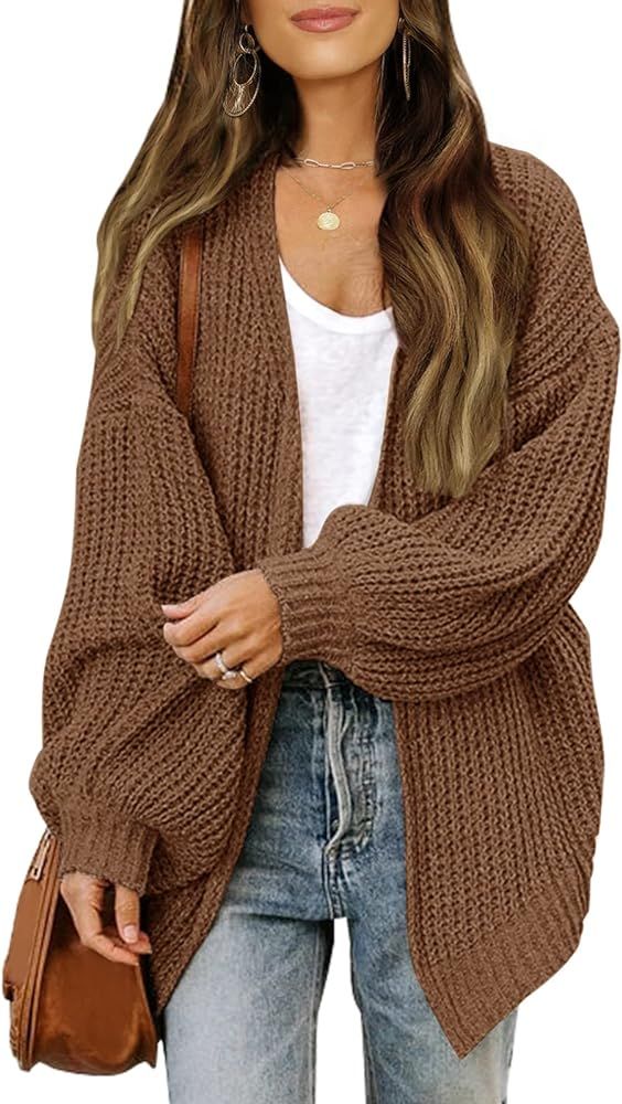 MEROKEETY Women's 2024 Fall Open Front Long Lantern Sleeve Cardigan Oversized Chunky Outwear with... | Amazon (US)