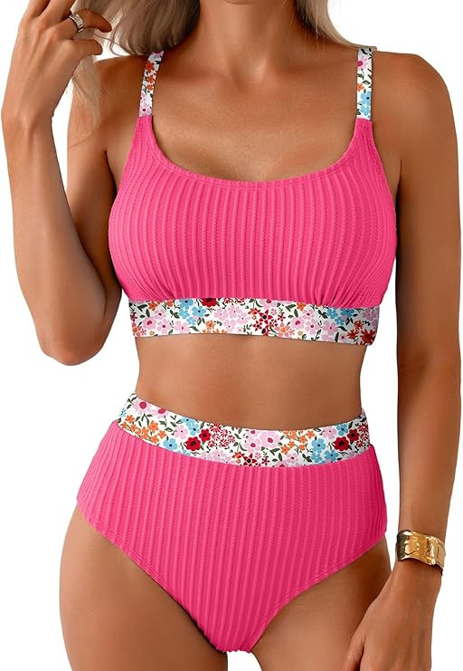 Women's Textured Bikini Sets Floral Print Trim Scoop Neck Swimsuits High Waisted Bathing Suits | Amazon (US)
