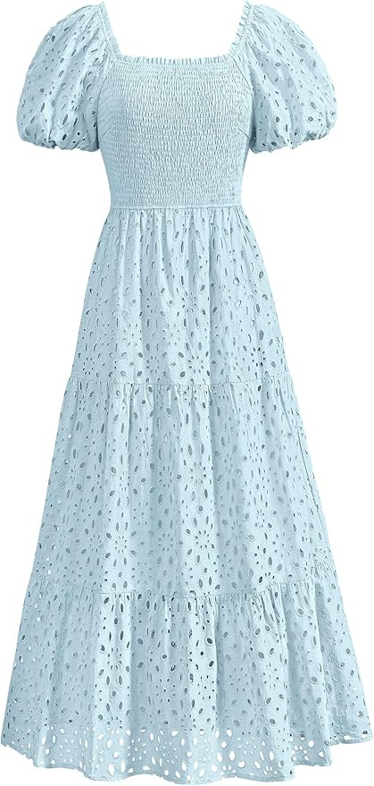 PRETTYGARDEN Summer Dresses for Women 2025 Eyelet Square Neck Puff Sleeve Smocked Wedding Guest M... | Amazon (US)