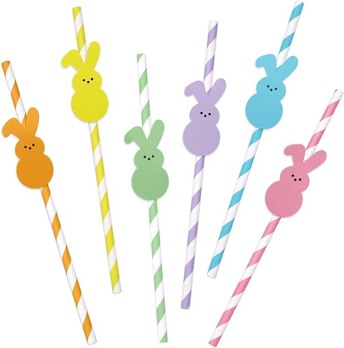 JarThenaAMCS 60Pcs Easter Paper Straws Cute Easter Bunny Drinking Straws Colorful Striped Disposa... | Amazon (US)