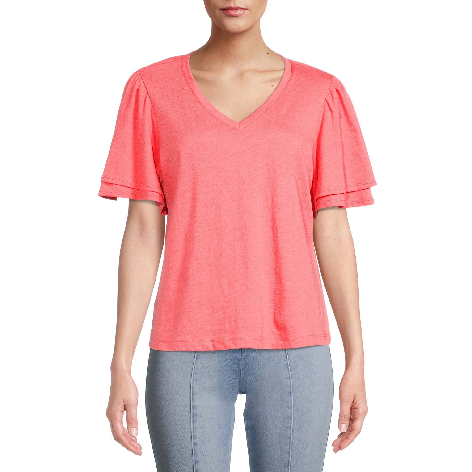 Time and Tru Women's V-Neck Flutter Sleeve Top | Walmart (US)