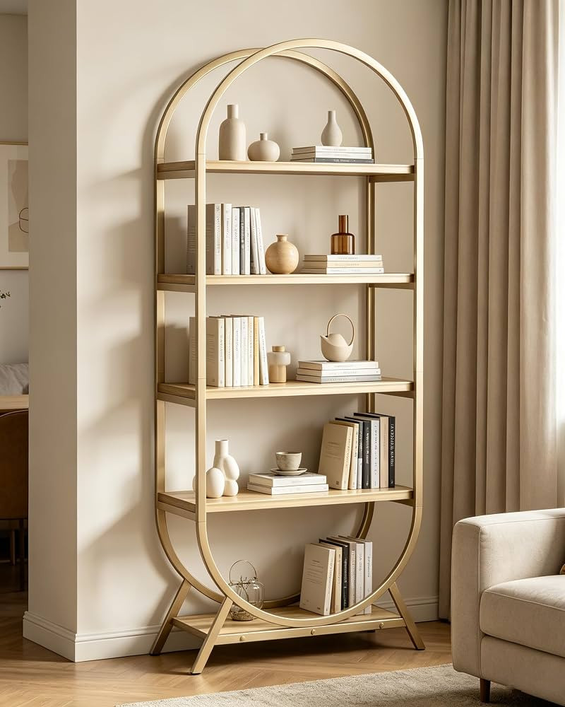 Bookshelf Arched Bookcase, Industrial 5 Tier Open Book Shelves with Metal Frame, 72" Tall Freesta... | Amazon (US)