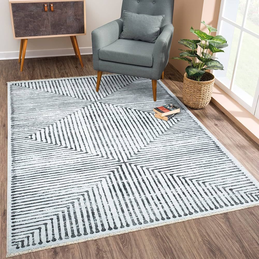 Bloom Rugs Caria Washable Non-Slip 3x5 Rug - Ivory/Black Striped Area Rug for Living Room, Bedroo... | Amazon (US)