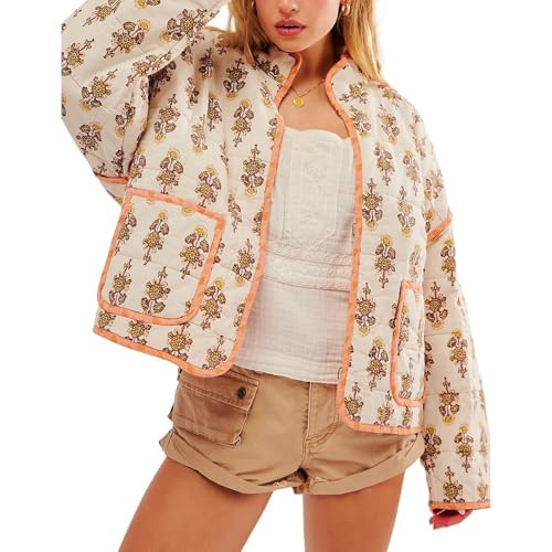 Floral Quilted Jacket for Women Cropped Puffer Jackets People Free Doop Lightweight Coats with Pockets Fashion Fall Clothes 2024 | Amazon (US)
