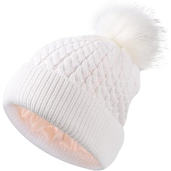 Womens Winter Satin Lined Beanie Hat Cuffed Cable Knit Detachable Faux Fur Pompom Silky Lined Warm C | Amazon (US)