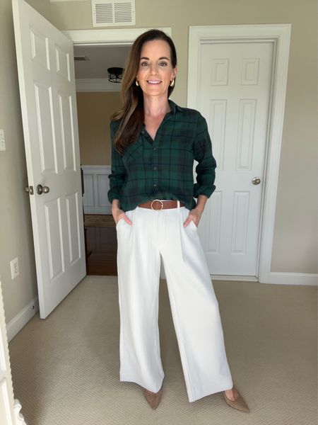 Wide leg high rise pants fit tts. Wearing 25Short (I’m 5’3)
Plaid shirt is from Old Navy and fits tts. Comes in other colors!
Shoes are extremely comfortable. I sized down 1/2 a size. 
Earrings are a designer dupe, they are such great quality and under $15. The lux designer earrings are over $850!
Belt is from Amazon. Comes in other colors. 
#abercrombie #shein #amazon #heels #workwear #blouse #style #amazonfind 
#classy #whitepants #affordable 

#LTKfindsunder50 #LTKHoliday #LTKsalealert