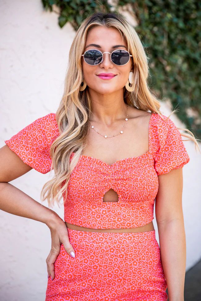 Take Me Dancing Orange and Pink Daisy Printed Cropped Blouse | Pink Lily