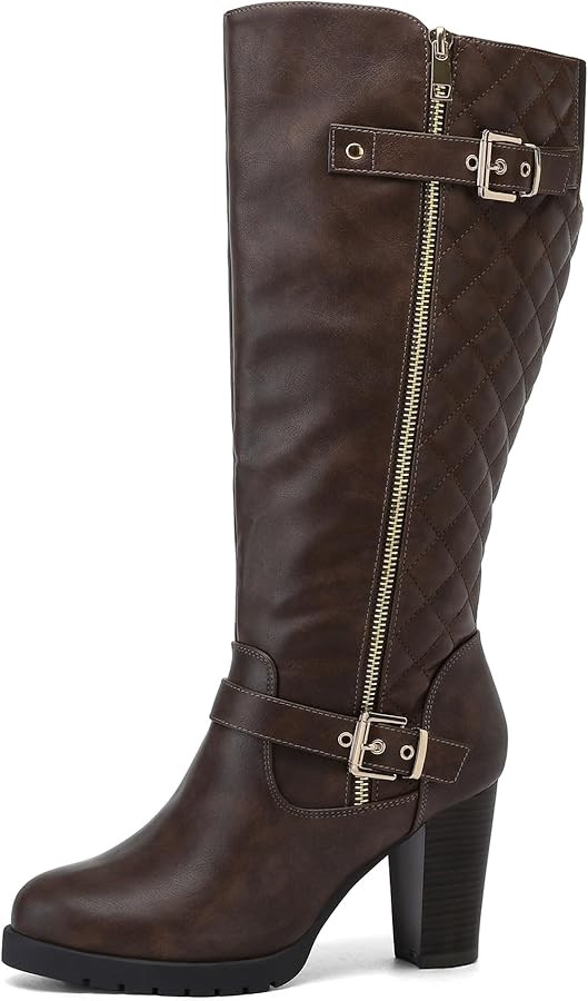 mysoft Women's Wide/Extra Wide Calf Knee High Boots Chunky Block Heel Round Toe Tall Boots with S... | Amazon (US)