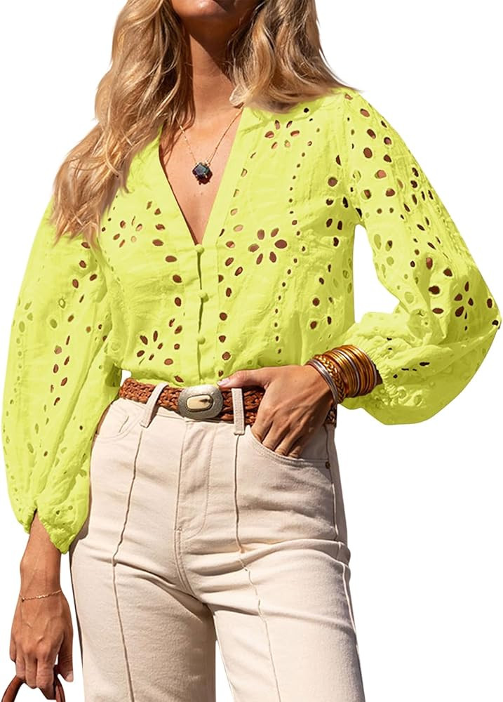 Tankaneo Womens Deep V Neck Eyelet Blouses Tops Dressy Casual 3/4 Balloon Sleeve Cotton Button Do... | Amazon (US)