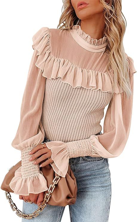 ANRABESS Women's 2022 Fall Fashion Trendy Sweater Mock Neck Long Sleeve Ruffle Chiffon Contrast S... | Amazon (US)