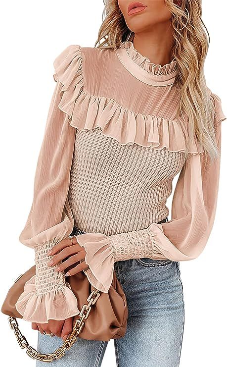 ANRABESS Women's 2022 Fall Fashion Trendy Sweater Mock Neck Long Sleeve Ruffle Chiffon Contrast S... | Amazon (US)