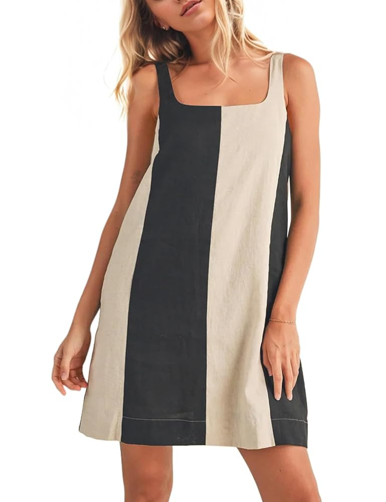 Livtany Women's Color Block Adjustable Straps Mini Dress Sleeveless Square Neck Tank Dress Loose ... | Amazon (US)